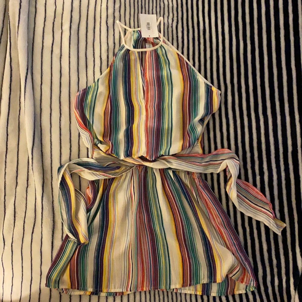 NWT Boutique Rainbow Stripe Adjustable Length Tie Mini Dress Size Small